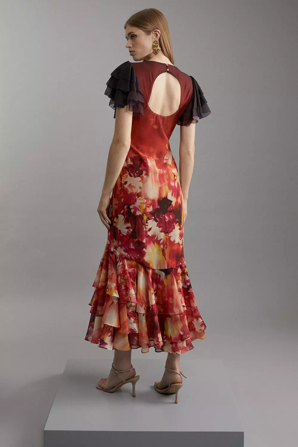 Ombre Floral Ruffle Sleeve Button Through Maxi Dress Karen Millen